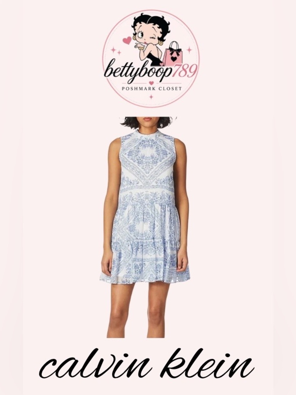 Like New Calvin Klein White and Light Blue Sleeveless Print Mini Dress